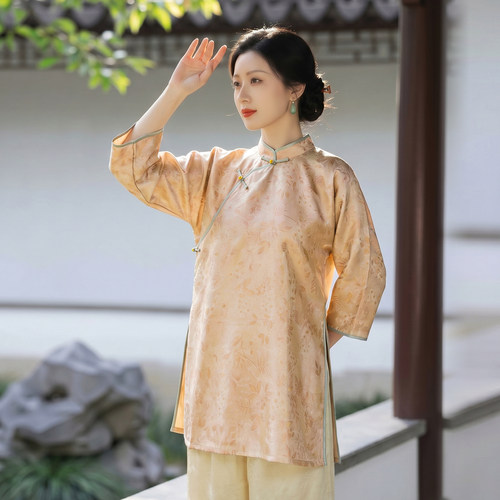 【承晏】260435L春夏新款显瘦新中式七分袖宽松国风提花圆领