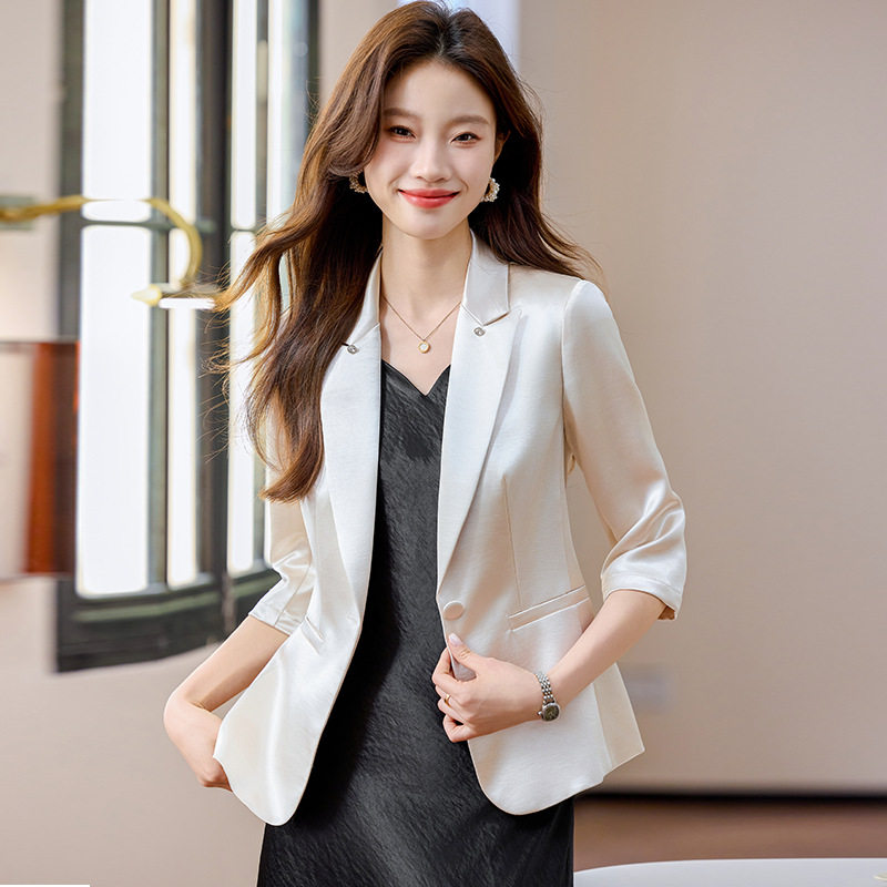 醋酸缎面西装外套女2026新款春夏季七分袖高级感小个子香槟色西服