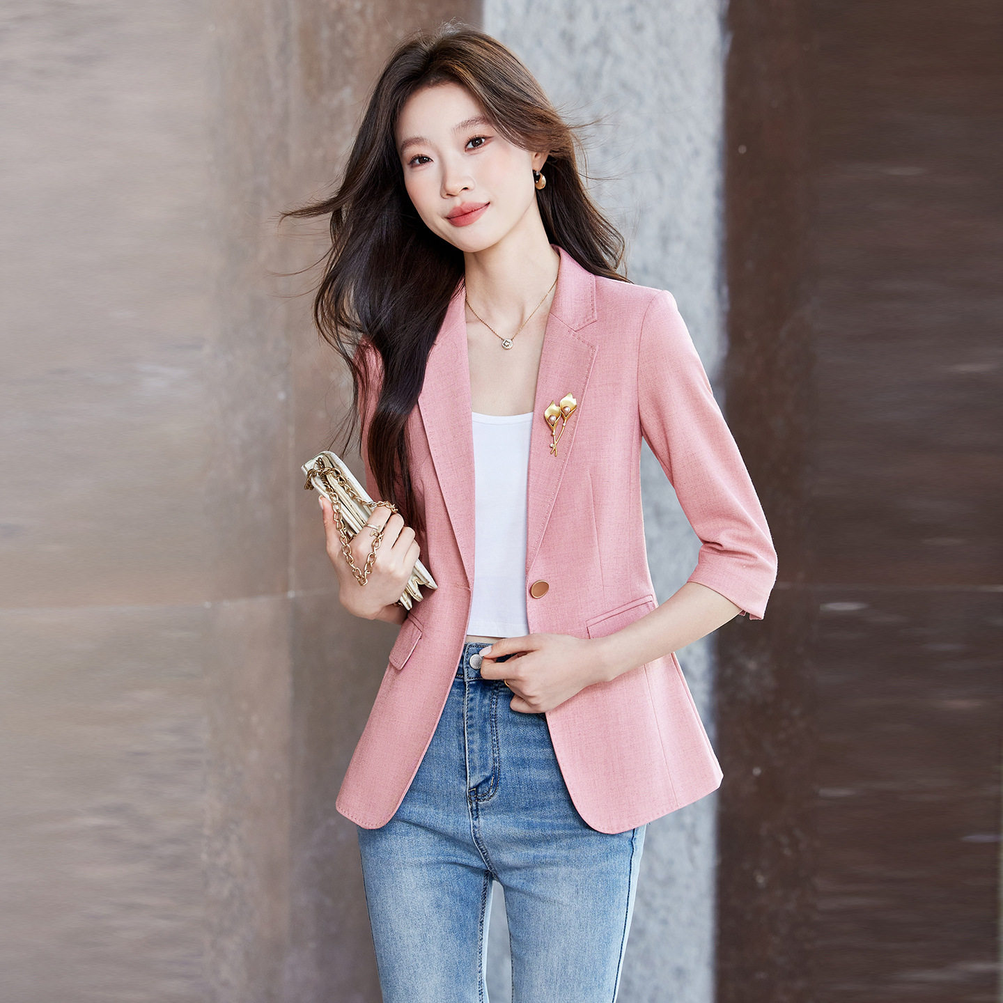 七分袖小西装外套女职业装2026新款春短款夏女士小西服粉色工作服
