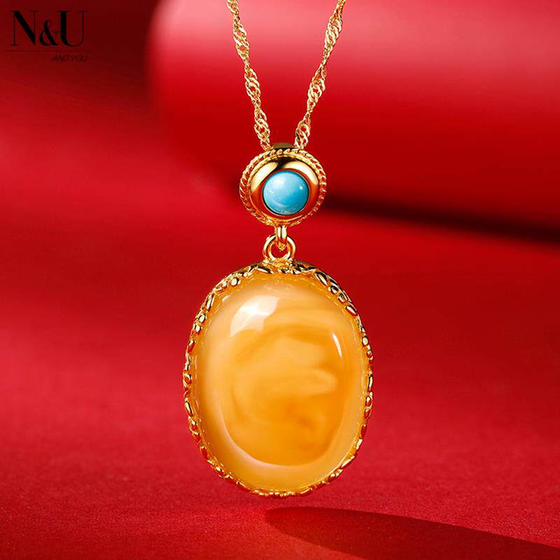 NU天然老蜜蜡吊坠鸡油黄琥珀绿松石挂件项链女秋冬新款毛衣链