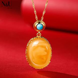 NU天然老蜜蜡吊坠鸡油黄琥珀绿松石挂件项链女秋冬新款毛衣链
