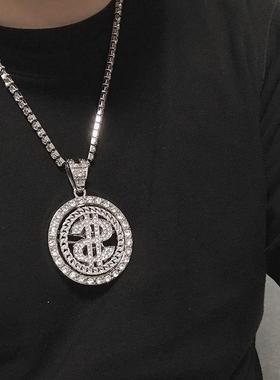 旋转美元镶钻项炼吊坠古巴炼男士潮街头嘻哈欧美ins网红说唱颈炼