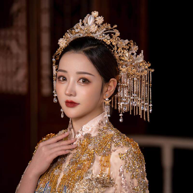 中式婚礼古典秀禾服新娘复古国风头饰珍珠花朵金色结婚发饰品雅瑄