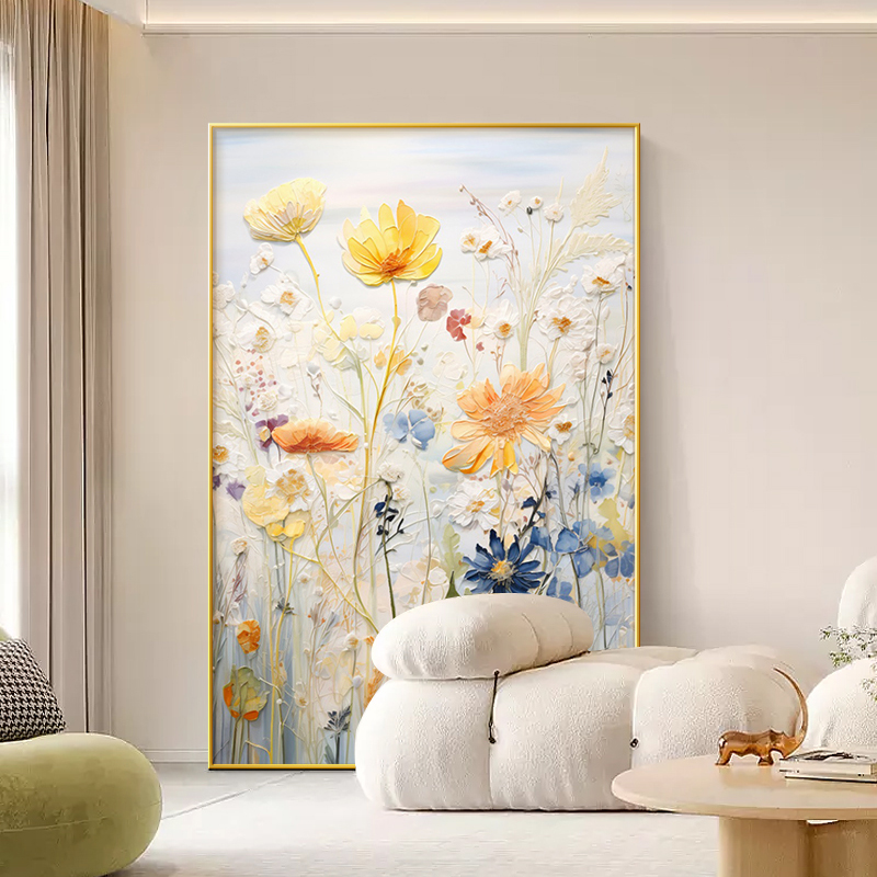 客厅装饰画小清新花卉挂画大单幅沙发背景墙落地画立体砂岩肌理画图片