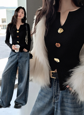 TOSEE 微喇袖纯色V领针织衫撞色纽扣装饰修身显瘦款内搭秋冬新款