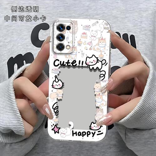 猫相框可放照片适用OPPO Reno6Pro+手机壳reno6pro镜头全包PENM00防摔硅胶软壳高级感保护套超薄可爱小卡新款