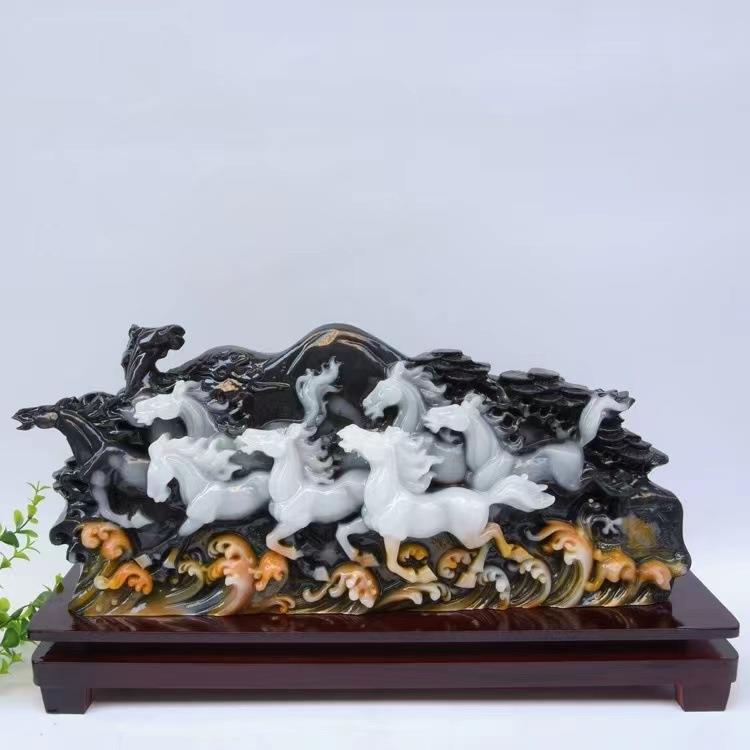 玉石八马图摆独玉件寿山石芙蓉石工艺品奇石原石石雕居家办公乔迁