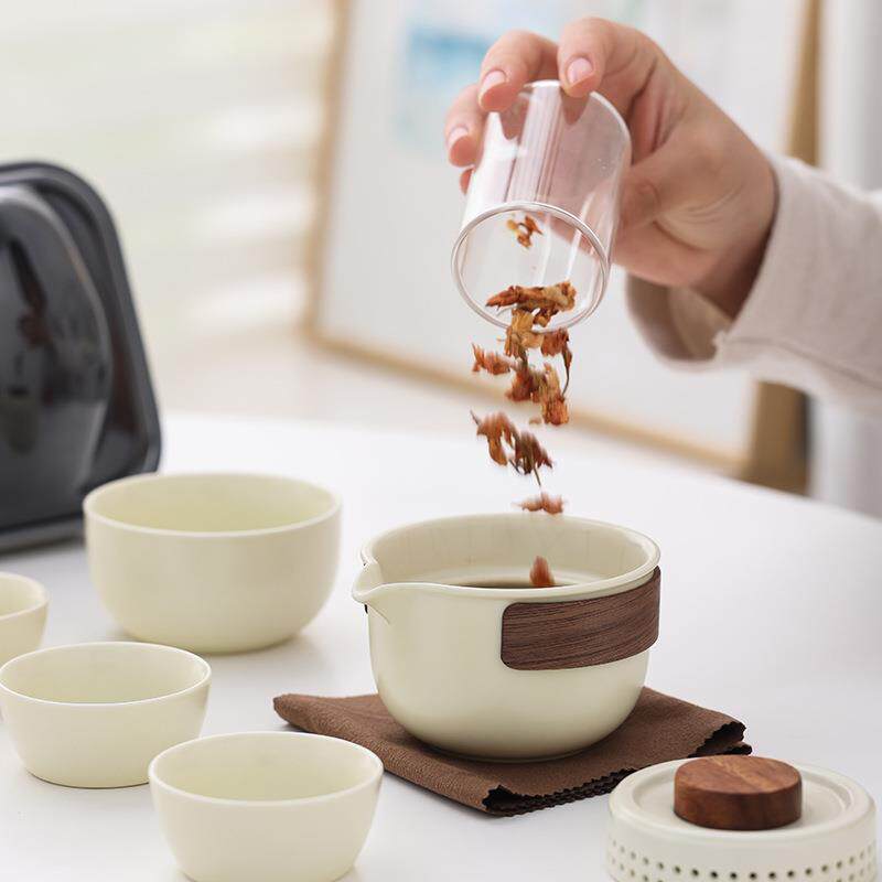 米黄汝窑开片快客杯一壶二杯旅行茶具户外泡茶杯陶瓷礼品汝瓷