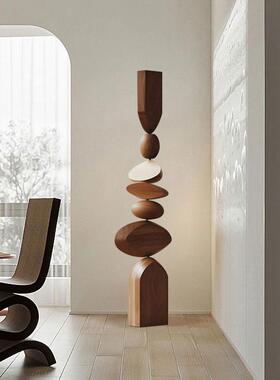 酒店样板间实木雕塑艺术落地摆件售楼处楼梯口玄关竖高装饰品摆设