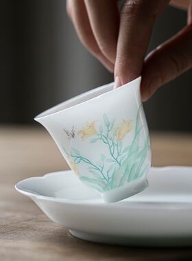 冰种玉瓷手绘牡丹花开花口茶杯家用单杯主人品茗个人专用茶具高档