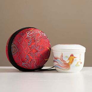 陶瓷茶杯锦鲤图案送刺绣包装 金玉满堂便携式 旅行茶具一壶一杯套装
