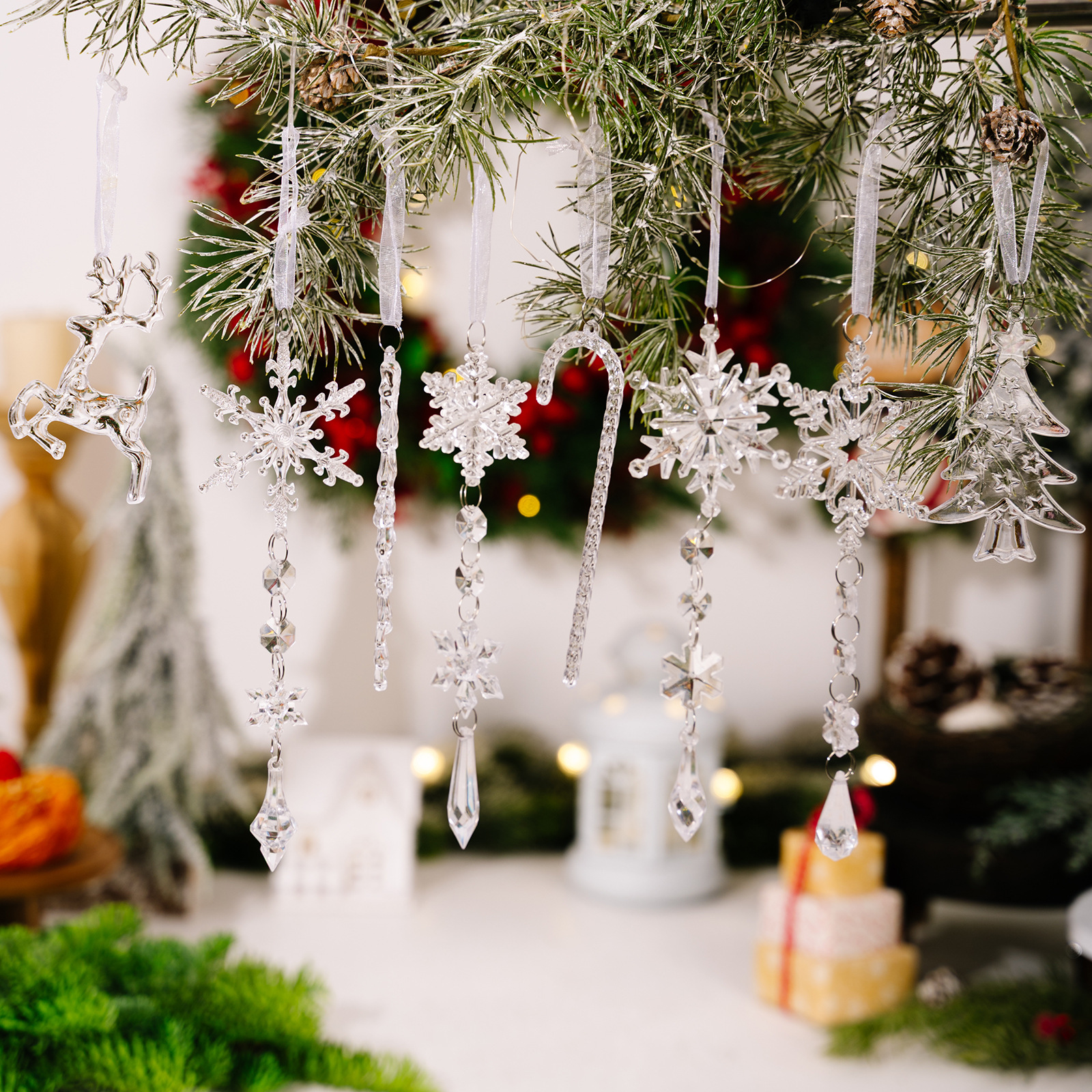 豪贝亚克力冰条挂件圣诞树冰柱雪花吊坠透明麋鹿挂件8PCS冰凌吊件