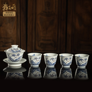 5件套景德镇非遗蔡文娟蝶恋花描金盖碗茶杯陶瓷茶具 青花茶具套装