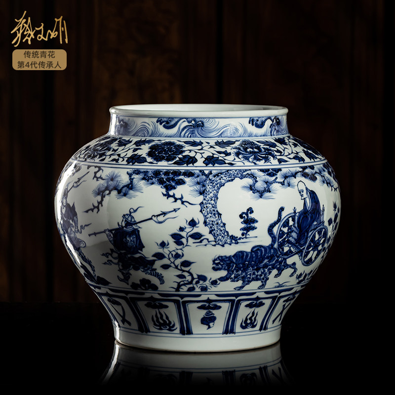 元青花鬼谷子下山大罐景德镇非遗蔡文娟传世瓷器收藏品陶瓷摆件