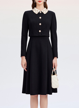 珂奈禾商场同款拉冬春新款气质假两件香风宴会黑连衣裙RF06621K1