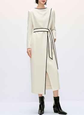 袁泉同款珂奈禾2025秋冬季羊毛新款通勤围裹飘带连衣裙XF06115V1