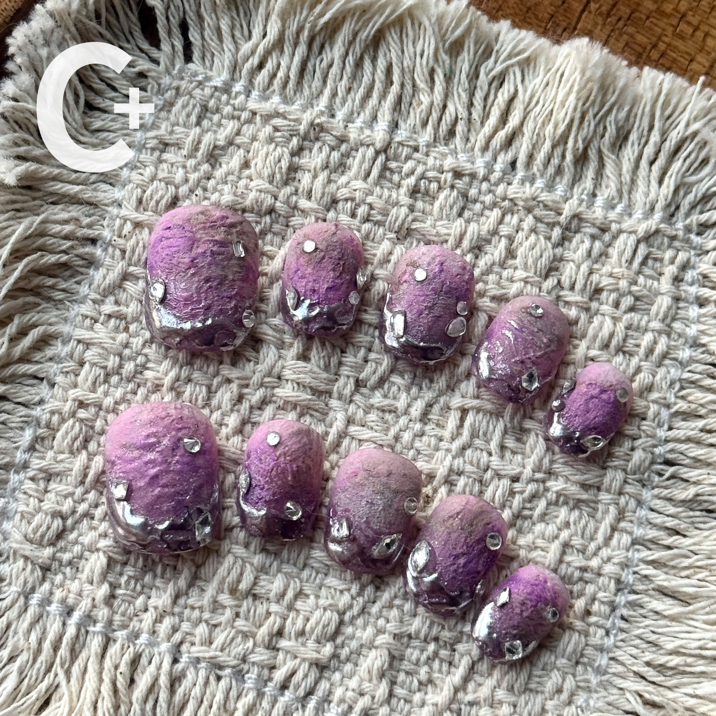 C+粉姬 美甲穿戴甲立体肌理感玫玫红粉色磨砂金属银辣妹手工短甲