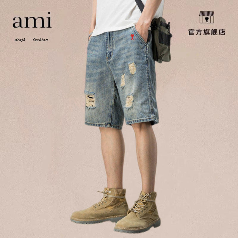 正品AMI DRAJK美式休闲复古乞丐破洞牛仔短裤男宽松五分裤夏薄款
