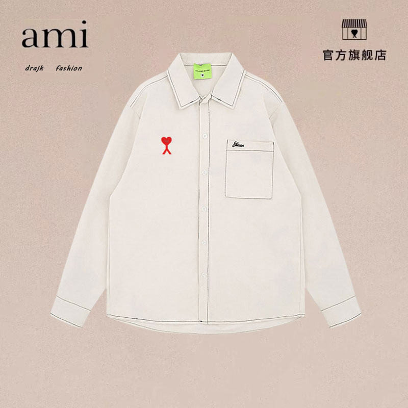 正品AMI DRAJK复古工装辑明线长袖衬衫男春秋宽松休闲设计感外套