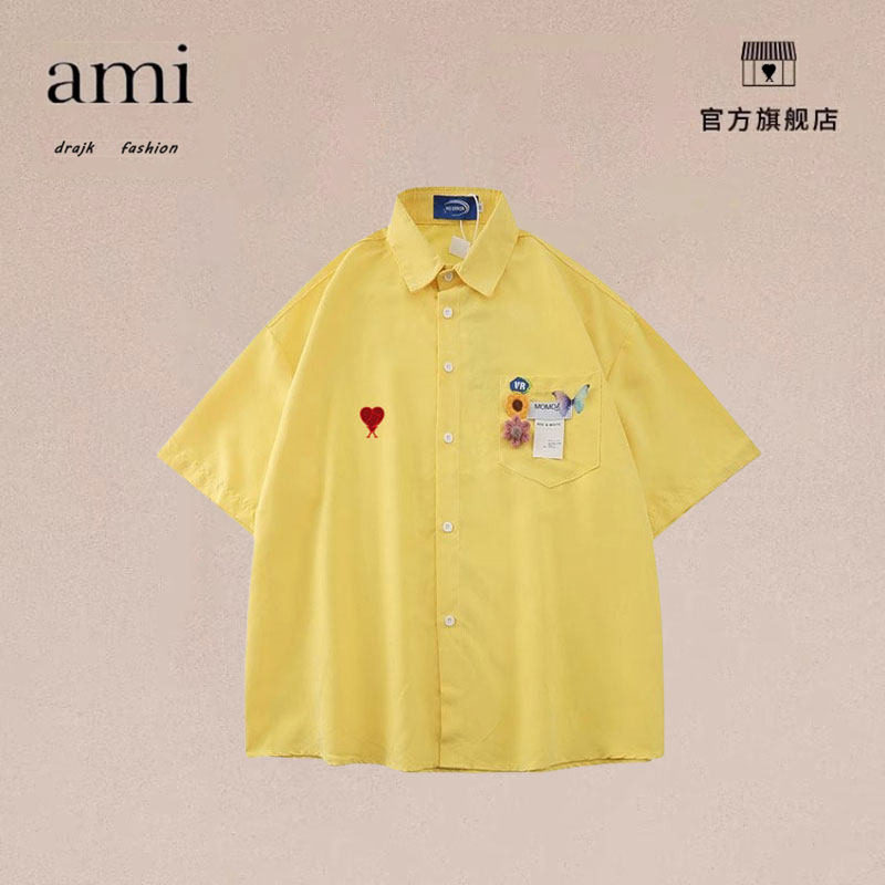 正品AMI DRAJK夏季原宿风蝴蝶口袋短袖衬衫潮牌宽松情侣休闲衬衣