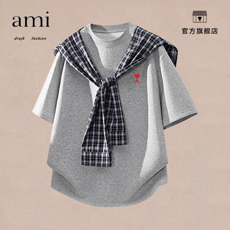 正品AMI DRAJK披肩短袖t恤男夏薄款格子领巾上衣宽松慵懒风体恤衫
