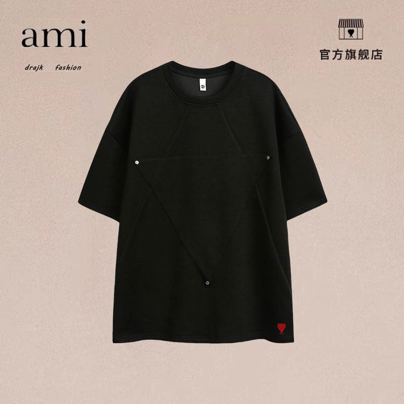 正品AMI DRAJK潮纽扣装饰小众设计感短袖男款美式高街纯色重磅T恤
