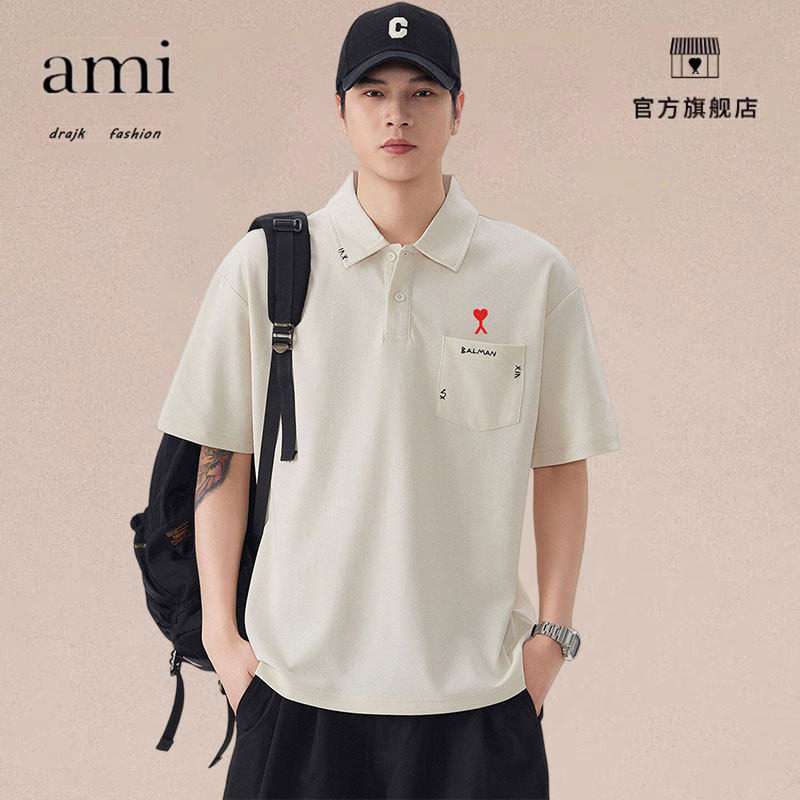 正品AMI DRAJK翻领短袖T恤男夏季宽松百搭字母刺绣口袋polo衫上衣