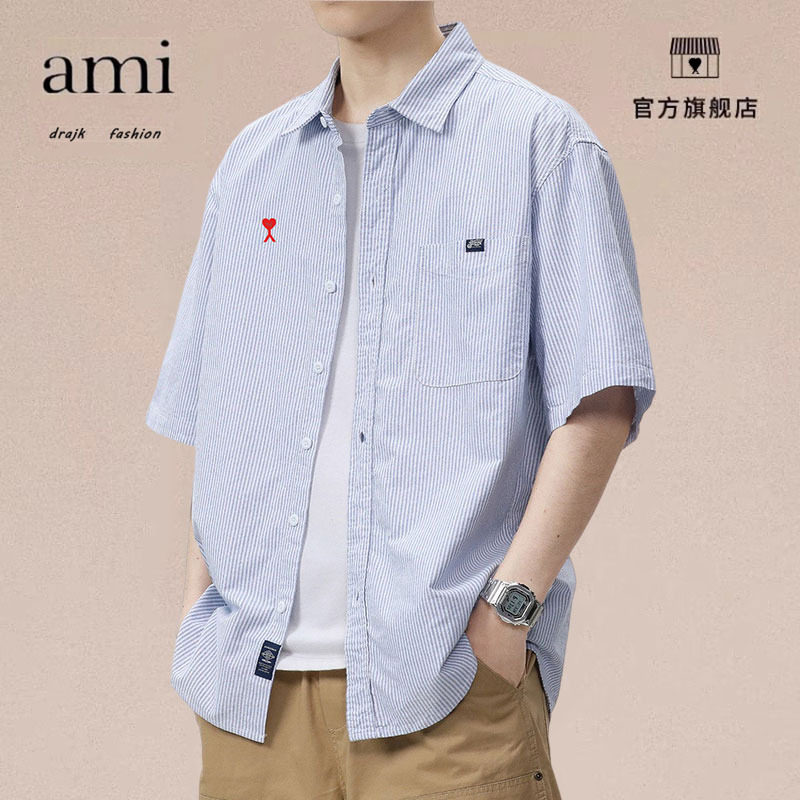 正品AMI DRAJK日系条纹短袖衬衫男夏季薄款宽松翻领百搭衬衣上衣