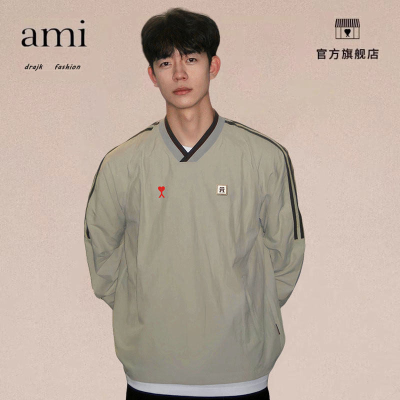 正品AMI DRAJK美式复古V领卫衣男秋款条纹拼接插肩袖上衣潮牌运动