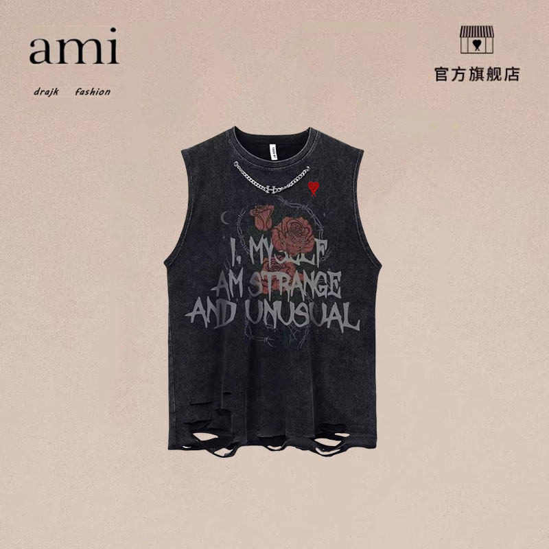 正品AMI DRAJK夏季欧美复古风做旧水洗坎肩破洞汗背心男女T恤衫
