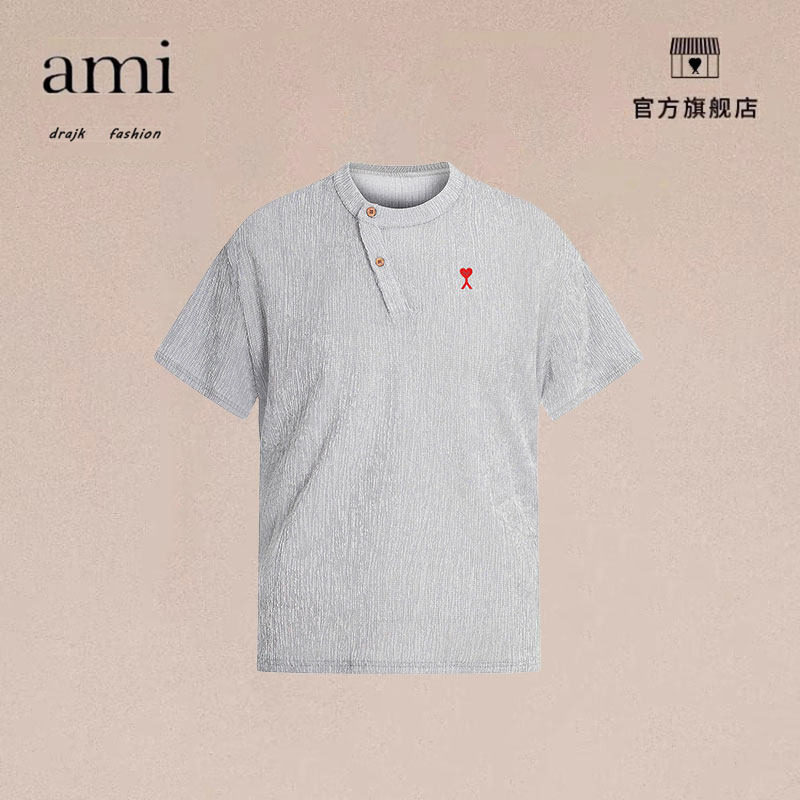 正品AMI DRAJK老钱风不规则纽扣圆领短袖T恤男夏季宽松短款上衣