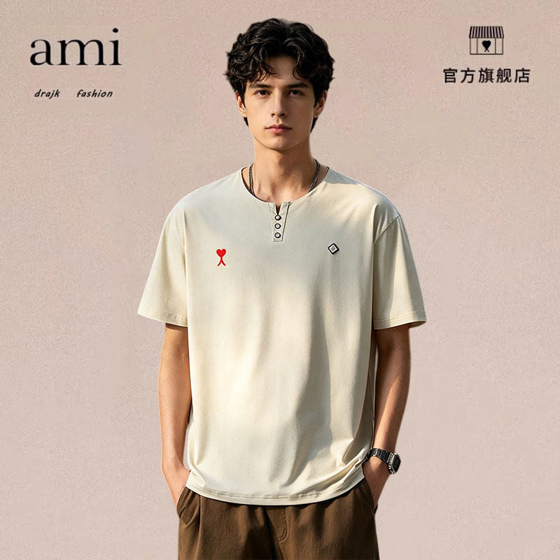 正品AMI DRAJK夏季速干T恤男士V领短袖高端修身贴标半袖冰感上衣