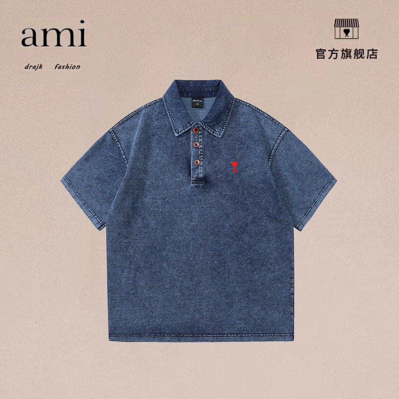 正品AMI DRAJK垂感毛圈针织polo衫夏季薄款美式翻领牛仔衫短袖男