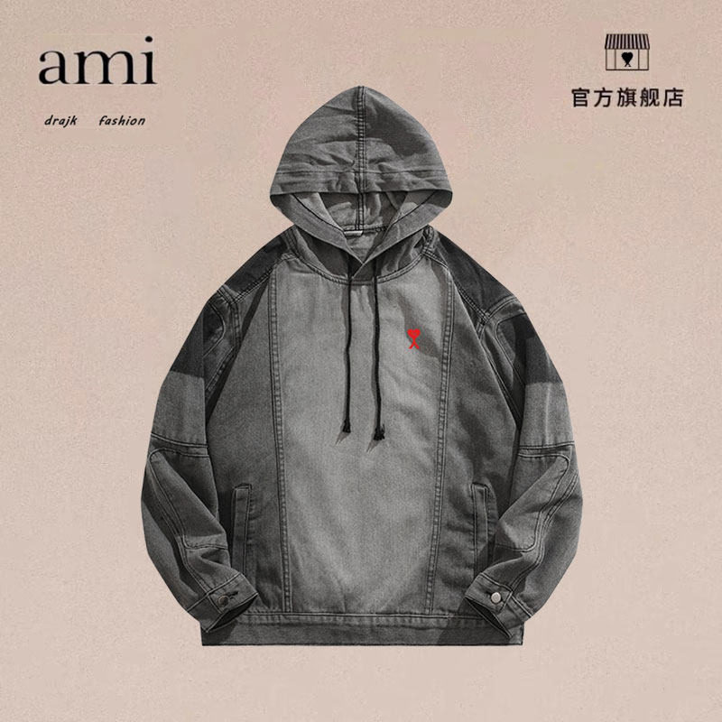 正品AMI DRAJK美式复古水洗拼接牛仔卫衣连帽外套痞帅街头机车服
