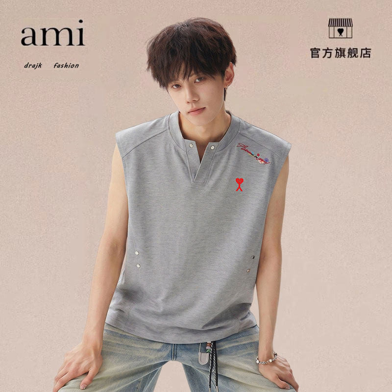 正品AMI DRAJK美式刺绣设计感运动背心男夏季宽松休闲无袖T恤汗衫