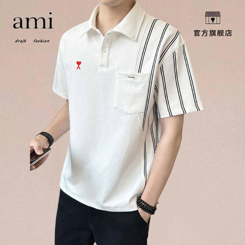 正品AMI DRAJKpolo衫男短袖t恤夏季凉感韩版高端撞色条纹翻领半袖