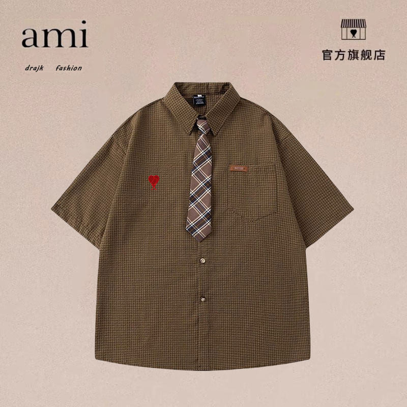 正品AMI DRAJK学院风领带格子短袖衬衫男夏季新款百搭松弛感衬衣