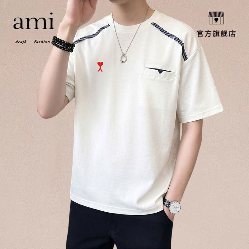 正品AMI DRAJK重磅撞色拼接短袖T恤男夏季设计感韩版速干半袖上衣