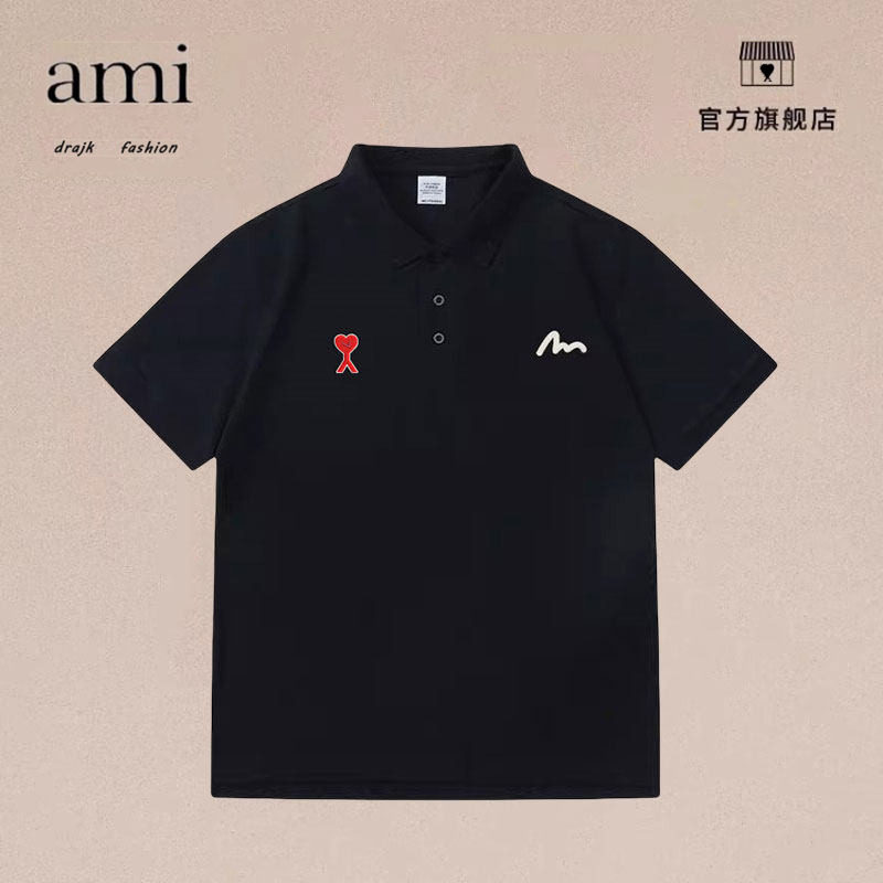 正品AMI DRAJKPOLO衫男士短袖夏半袖美式潮流T恤商务翻领黑色衬衫