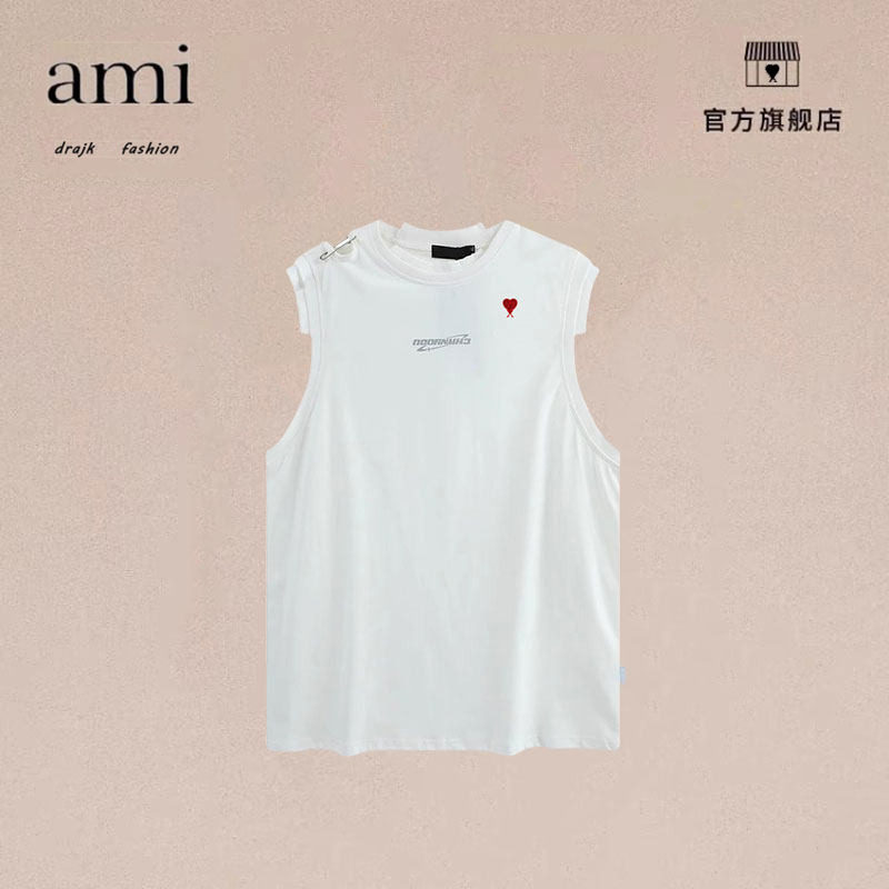 正品AMI DRAJK欧美创意别针装饰运动无袖T恤男潮宽松健身背心外穿