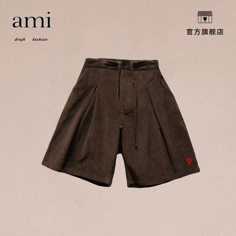正品AMI DRAJK日系复古八坑灯芯绒五分裤男士潮流抽绳阔腿A型短裤