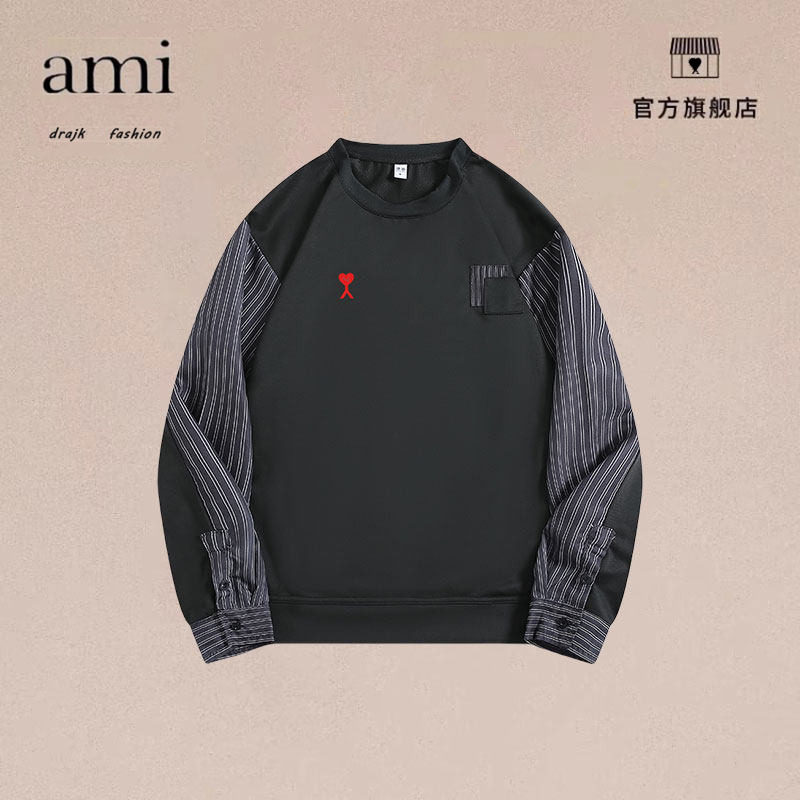 正品AMI DRAJK港风条纹拼接长袖T恤青少年休闲百搭圆领ins男卫衣