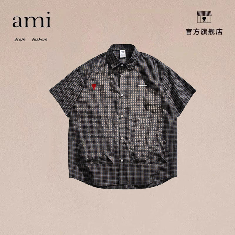 正品AMI DRAJK日潮cityboy翻领短袖格子衬衫男士廓形宽松纯上衣