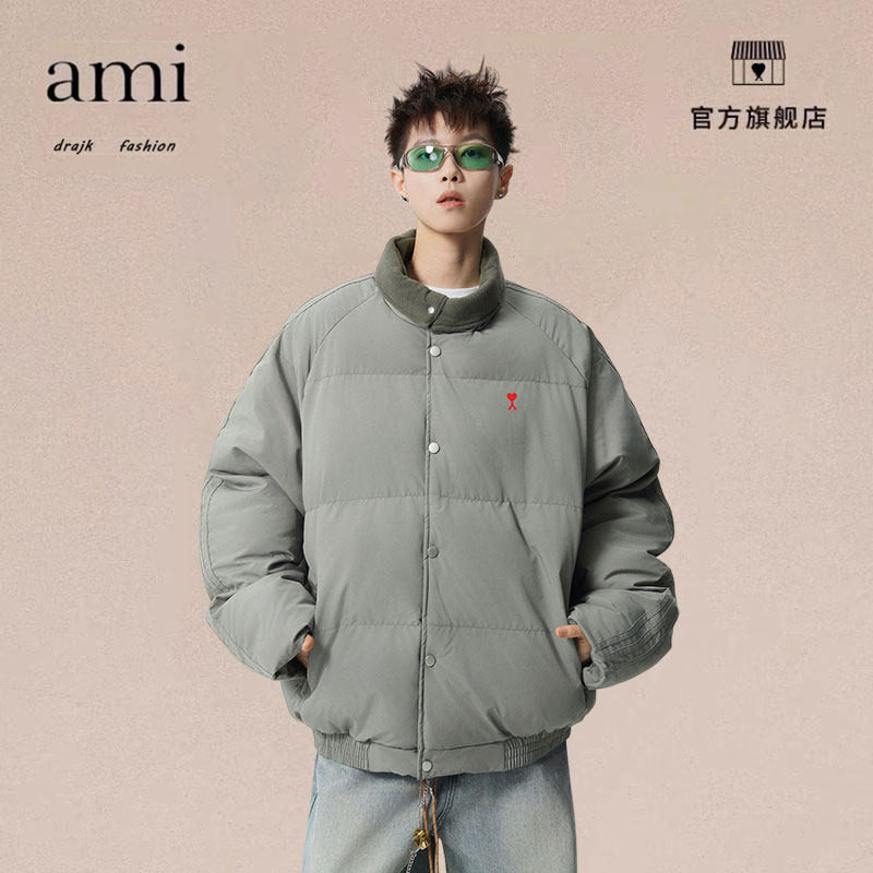 正品AMI DRAJK冬季潮简约纯色立领棉服男宽松百搭保暖面包服外套