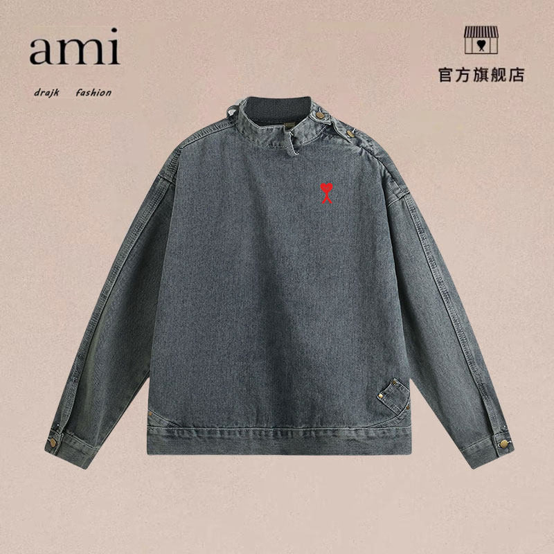 正品AMI DRAJK美式复古牛仔卫衣男秋水洗做旧立领小众设计感夹克,男装,短裤,淘宝优惠券,粉丝福利购,淘宝优惠卷