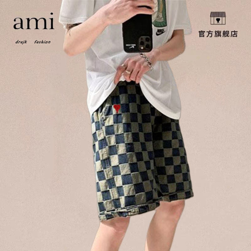 正品AMI DRAJK夏季高街港味ins复古格子牛仔短裤男风宽松五分中裤