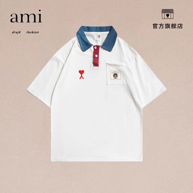 正品AMI DRAJK日系原宿风撞色韩版宽松潮流POLO衫短袖T恤夏季T恤