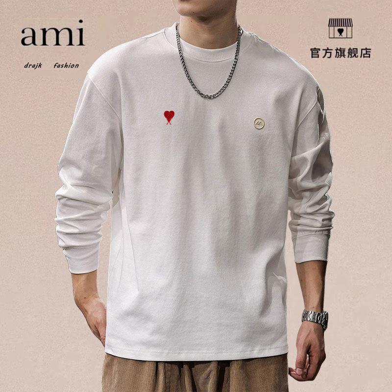 正品AMI DRAJK春夏季新款长袖T恤男士白色打底衫内搭上衣潮流短袖
