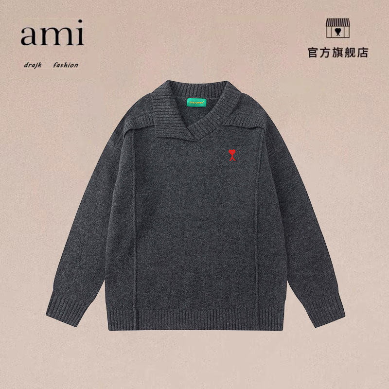正品AMI DRAJK美式解构拼接不规则V领毛衣男秋季宽松休闲针织衫