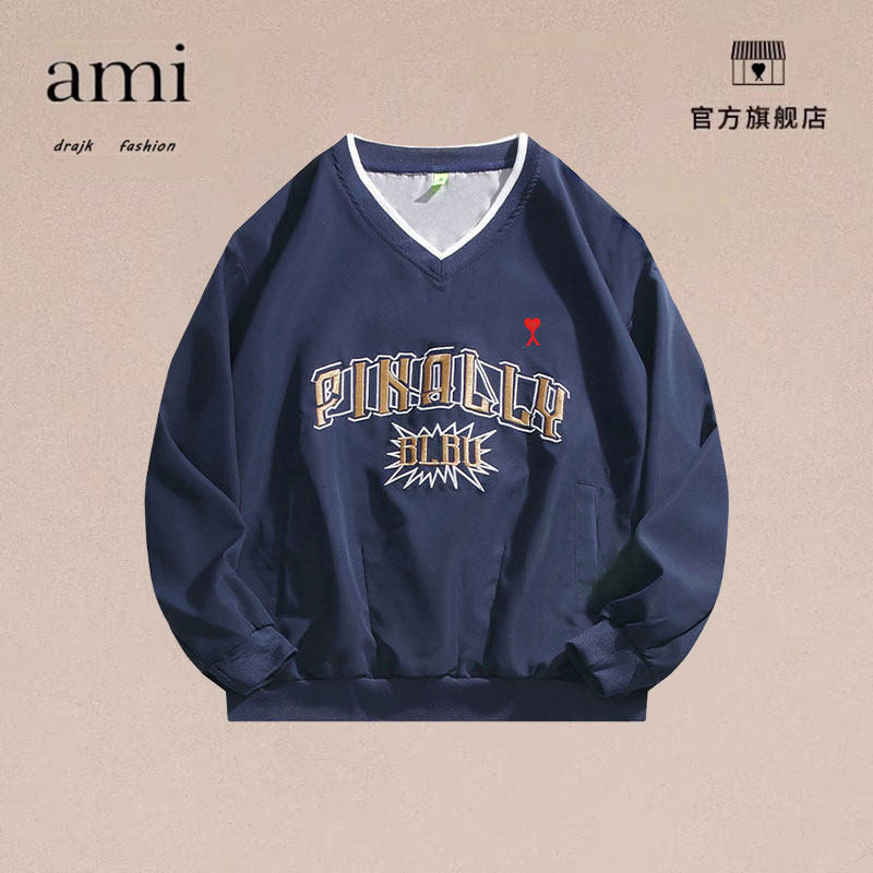正品AMI DRAJK美式秋季字母刺绣V领卫衣男女情侣潮牌套头运动休闲